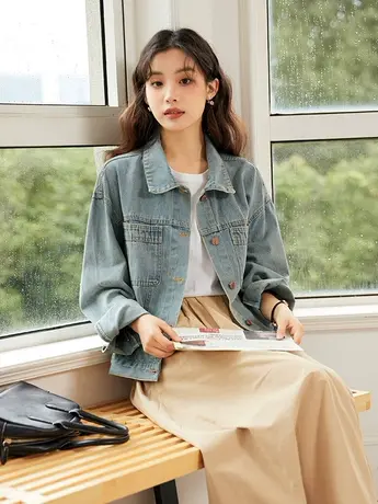 秋季新款水洗浅蓝色牛仔外套女宽松韩版复古百搭大码夹克流行上衣商品大图