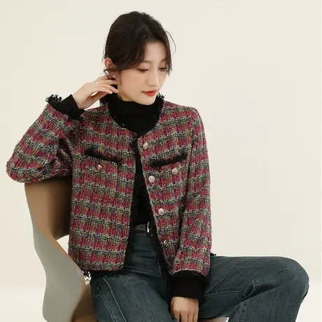 韩潮袭人2023冬季新款小香风格子毛呢短外套女士休闲小西装上衣图片