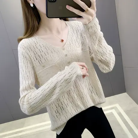 女士打底衫春秋款上衣罩衫镂空针织衫女薄款春装2023新款宽松洋气商品大图