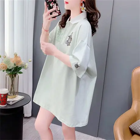 设计感Polo领短袖T恤女中长款2023新款夏季宽松洋气减龄甜美上衣商品大图