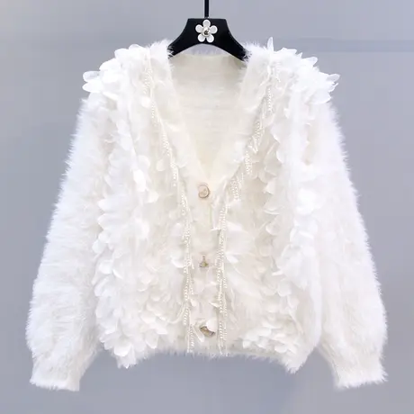 串珠流苏设计感水貂绒毛衣外套女秋冬2023新款宽松洋气针织开衫商品大图