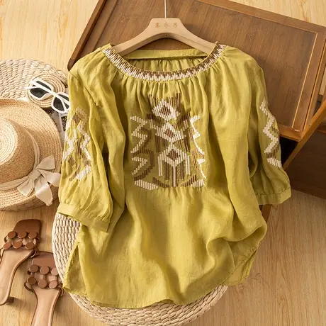 享永子中袖苎麻上衣女夏文艺复古刺绣国风棉麻小衫设计感2024新款商品大图