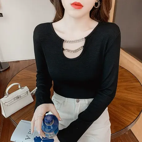 2023春秋新款性感镂空T恤ins潮网红链条上衣紧身内搭打底衫女长袖商品大图