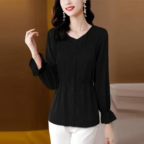 黑色衬衫女2023春秋新款大码女装胖MM别致减龄显瘦宽松女打底衫商品大图