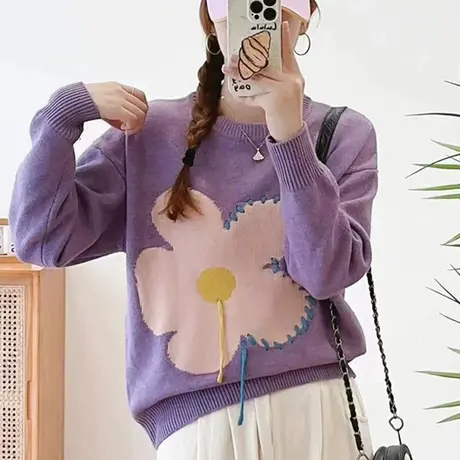 漂亮好看设计感胸前花朵针织衫套头打底毛衣女装秋冬保暖新款上衣商品大图