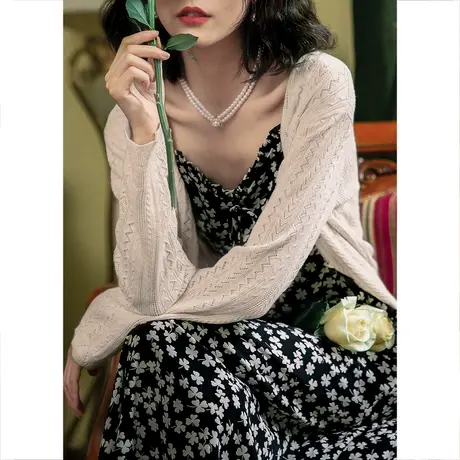 弥古白色针织开衫女薄款防晒外套高级感夏季吊带外搭镂空罩衫上衣商品大图