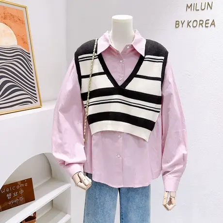 韩国东大门上衣秋季款气质V领针织马甲拼接衬衫chic慵懒微胖显瘦图片