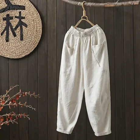 枫谜2023年春季新款松紧腰复古百搭苎麻宽松显瘦休闲哈伦直筒裤图片