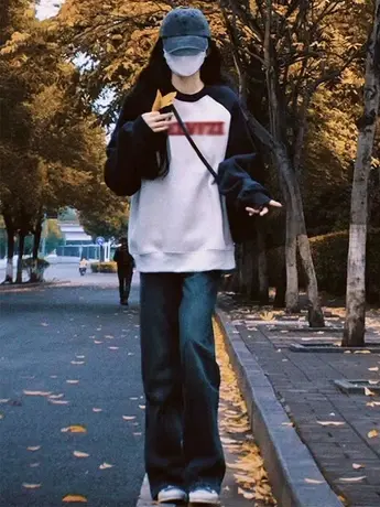 美式复古插肩袖卫衣女2023春秋薄款拼接设计感小众上衣慵懒风外套商品大图