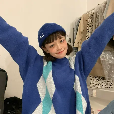 红续小众设计感菱格毛衣女宽松小个子保暖加厚针织衫秋冬新款长袖图片