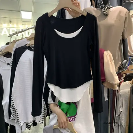 小众设计感个性撞色假两件修身打底衫女2023春韩版气质显瘦T恤潮t图片