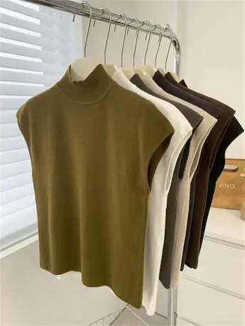 气质款中领宽肩无袖针织背心女2023秋冬新款宽松百搭立领毛衣打底商品大图