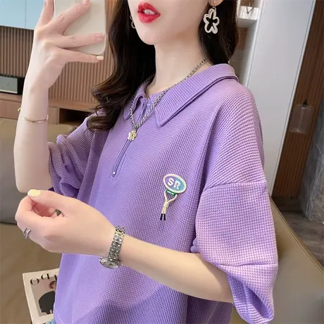 设计感小众短袖t恤女夏季韩版宽松华夫格翻领polo衫小个子上衣服图片