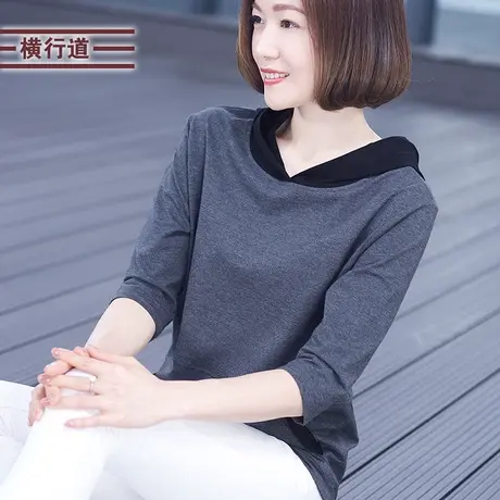 2025新款连帽七分袖t恤大码女装半截袖宽松体恤带帽中袖上衣春装商品大图