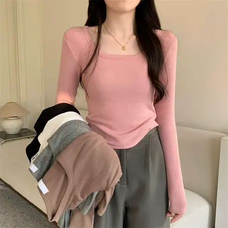 法式收腰正肩德绒长袖t恤女春秋冬内搭方领U领打底衫修身显瘦上衣商品大图