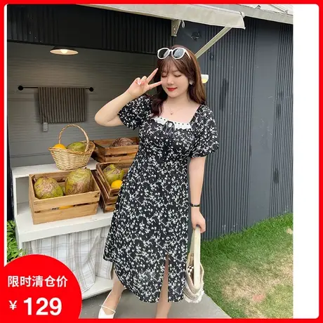 【清仓】胖mm碎花连衣裙2023年夏季新款方领法式泡泡袖开叉茶歇裙图片