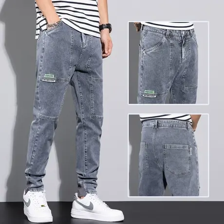 春秋款广州新塘镇牛仔裤男士束脚宽松哈伦拼接工装休闲男裤子夏季商品大图
