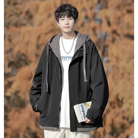 牛油果绿外套男士春秋2023新款潮流连帽青少年学生假两件上衣夹克商品大图