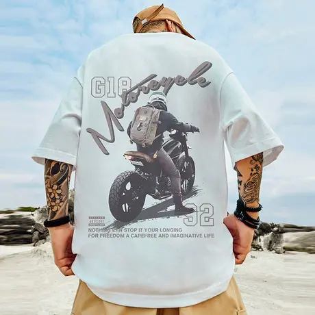 机车潮牌宽松T恤胖子短袖男加肥加大五分袖纯棉国潮大码男装半袖图片