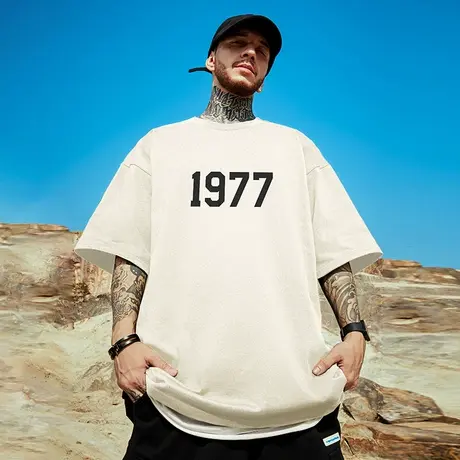 日系复古重磅潮牌短袖T恤简约大码男装加肥加大胖子宽松男款半袖图片