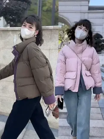 短款撞色羽绒服女加厚面包服2023秋冬新款宽松立领拼色白鸭绒外套商品大图