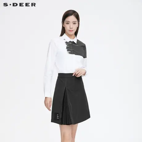 sdeer圣迪奥女装春秋装简约翻领撞色印花通勤长袖衬衫S21380525图片