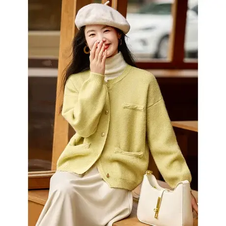 时尚气质开衫2023年秋季新款女装圆领纯色韩版百搭温柔长袖毛衣商品大图