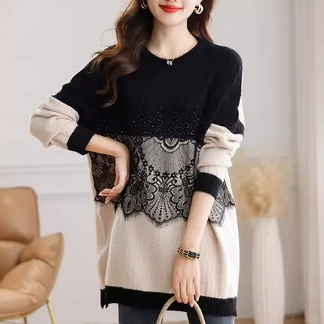 伊自尚2024新款韩版胖mm设计感蕾丝拼接显瘦打底衫中长款大码毛衣图片