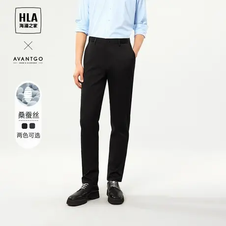 HLA/海澜之家时尚含桑蚕丝商务休闲裤秋季简约修身黑色中腰长裤男图片