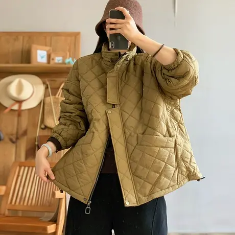 dza 复古宽松菱格加厚立领棉服外套女冬保暖休闲棉袄上衣百搭棉衣图片