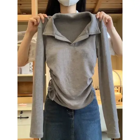 小个子短款德绒POLO领T恤长袖女秋冬修身加厚加绒保暖上衣打底衫商品大图