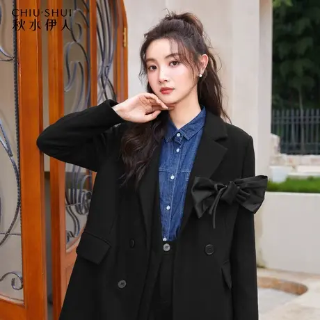 【百亿补贴官方直播】秋水伊人西装领毛呢外套蝴蝶结大衣女图片