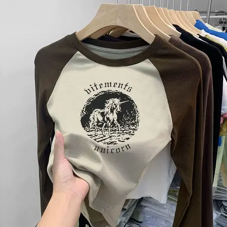 长袖打底衫女2023春秋款学生小个子复古印花圆领上衣修身插肩t恤商品大图