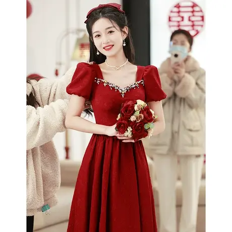 高档红色礼服女夏季敬酒服2023新款新娘小个子订婚连衣裙法式高端商品大图