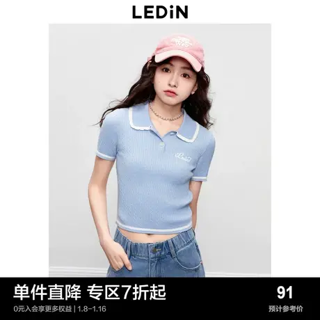 乐町新品短款翻领小上衣修身秋季新款polo领甜美短袖针织衫图片