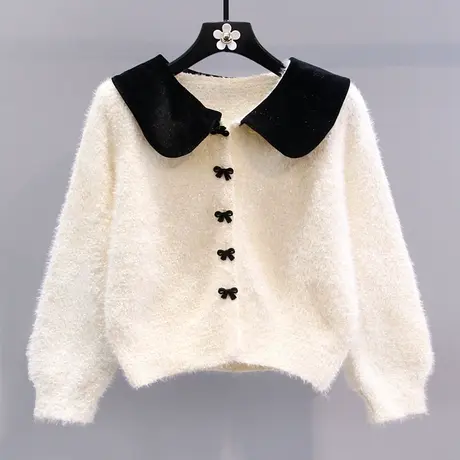 小香风娃娃领蝴蝶结毛衣外套女冬季2024新款时尚洋气减龄针织开衫商品大图