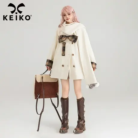KEIKO 一体式围巾领斗篷外套薄款24早春奶味穿搭双排扣大衣小个子商品大图