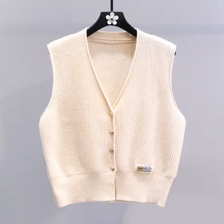 V领贴标针织马甲开衫女冬季2024新款宽松设计感外搭无袖毛衣背心图片