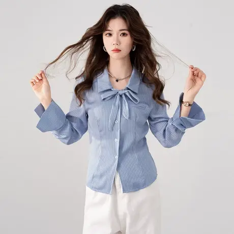 othermix竖条纹气质通勤衬衫女2024春季新款休闲百搭短款衬衣上衣图片