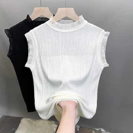 2024早春新款圆领镂空蕾丝边无袖针织衫女打底衫洋气外穿上衣套头商品大图