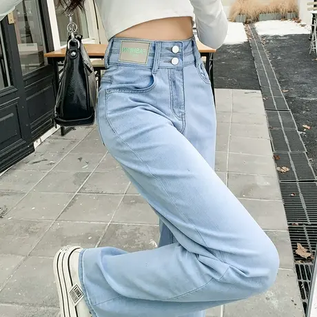 浅蓝色天丝阔腿牛仔裤女2024春夏新款高腰宽松显瘦毛边直筒拖地裤商品大图