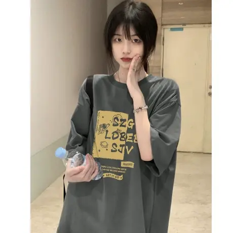 美式复古短袖t恤女正肩夏季宽松oversize小众设计感半袖纯棉上衣图片