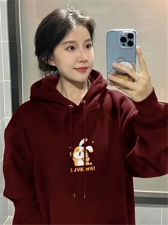 2024新款兔年卫衣女连帽大码宽松秋冬季加绒加厚国潮oversize外套图片