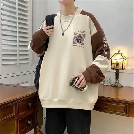 圆领卫衣男士秋季潮牌宽松长袖t恤男生春秋款拼接撞色衣服打底衫商品大图