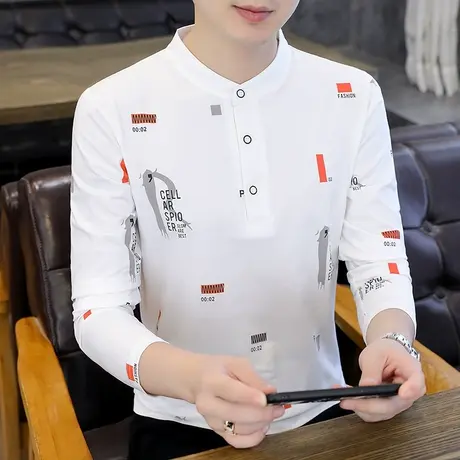 男装长袖潮流纯棉2022秋季新款Polo衫立领T恤男士印花上衣服大码商品大图