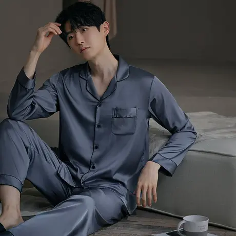 2024新款睡衣男士夏季冰丝薄款家居服高级感大码春秋丝绸长袖套装图片
