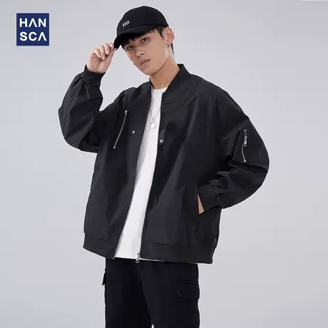 hansca假两件棒球服外套男秋冬款美式工装2023新款防风飞行员夹克商品大图