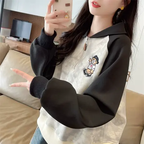 早春装polo领卫衣女春秋韩版宽松大码薄款扎染撞色插肩袖上衣外套商品大图