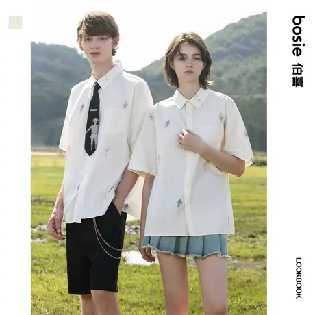 【商场同款】bosie2024年夏季新款白色短袖衬衫外套男情侣印花潮商品大图