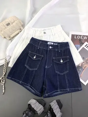 韩国x2口袋牛仔短裤女2024春夏新款显瘦百搭高腰短裤a字阔腿短裤商品大图